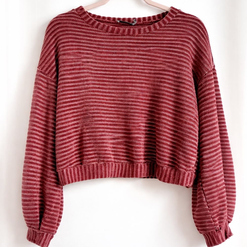 Lush Maroon Striped Chenille Crew Neck Airy Sweater| Balloon Sleeves Sz:‎ S